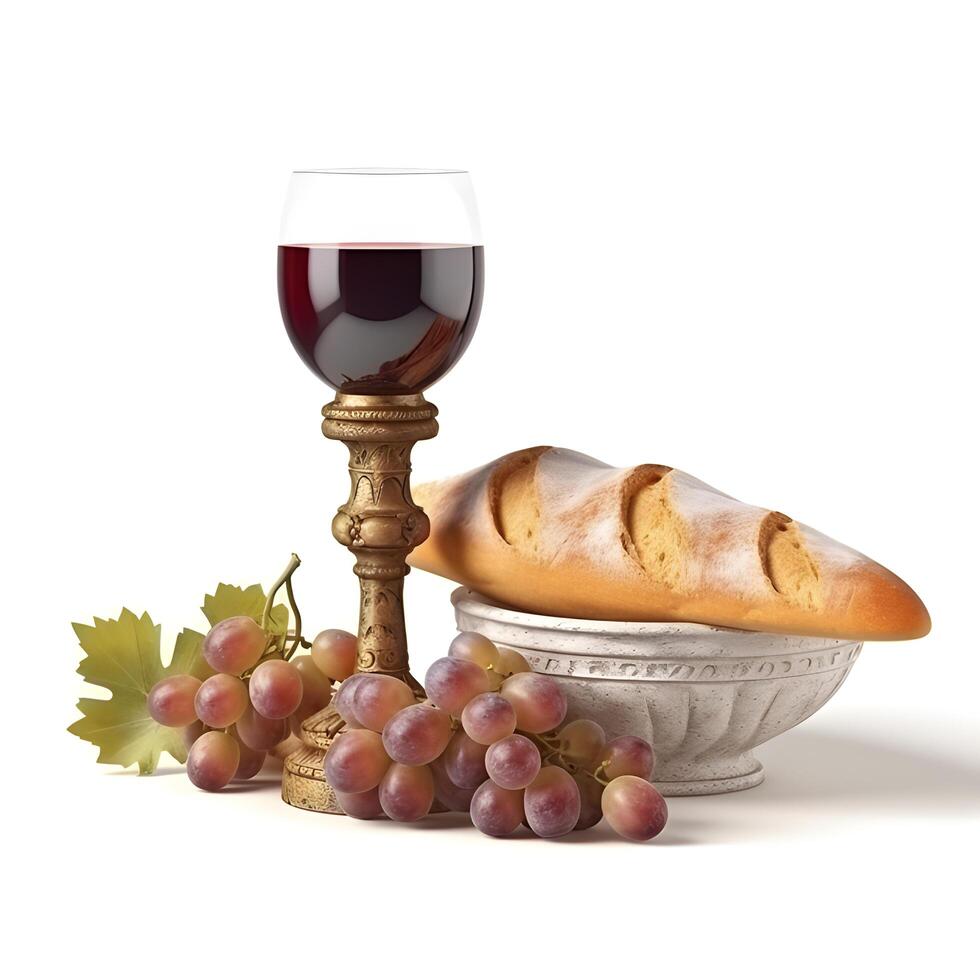 taza de vino con uvas y un pan en blanco. generativo ai foto