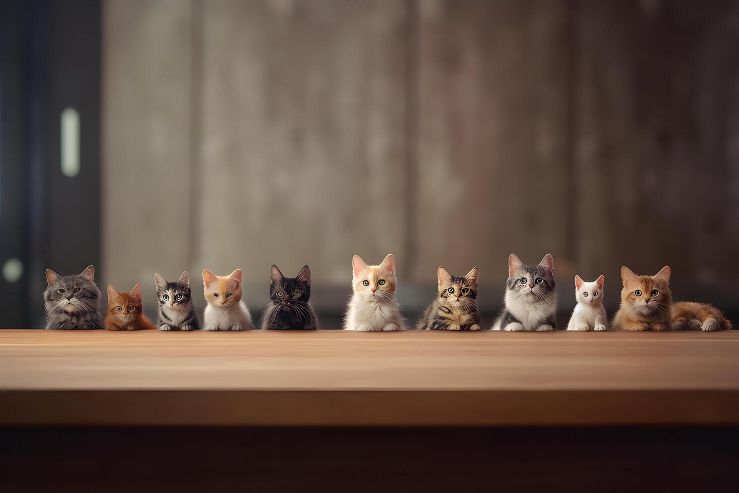 Wooden table with many cats. International cat day. photo