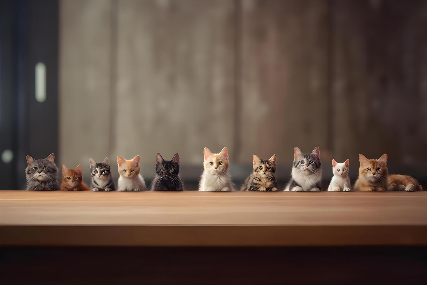 Wooden table with many cats. International cat day.Generative AI photo