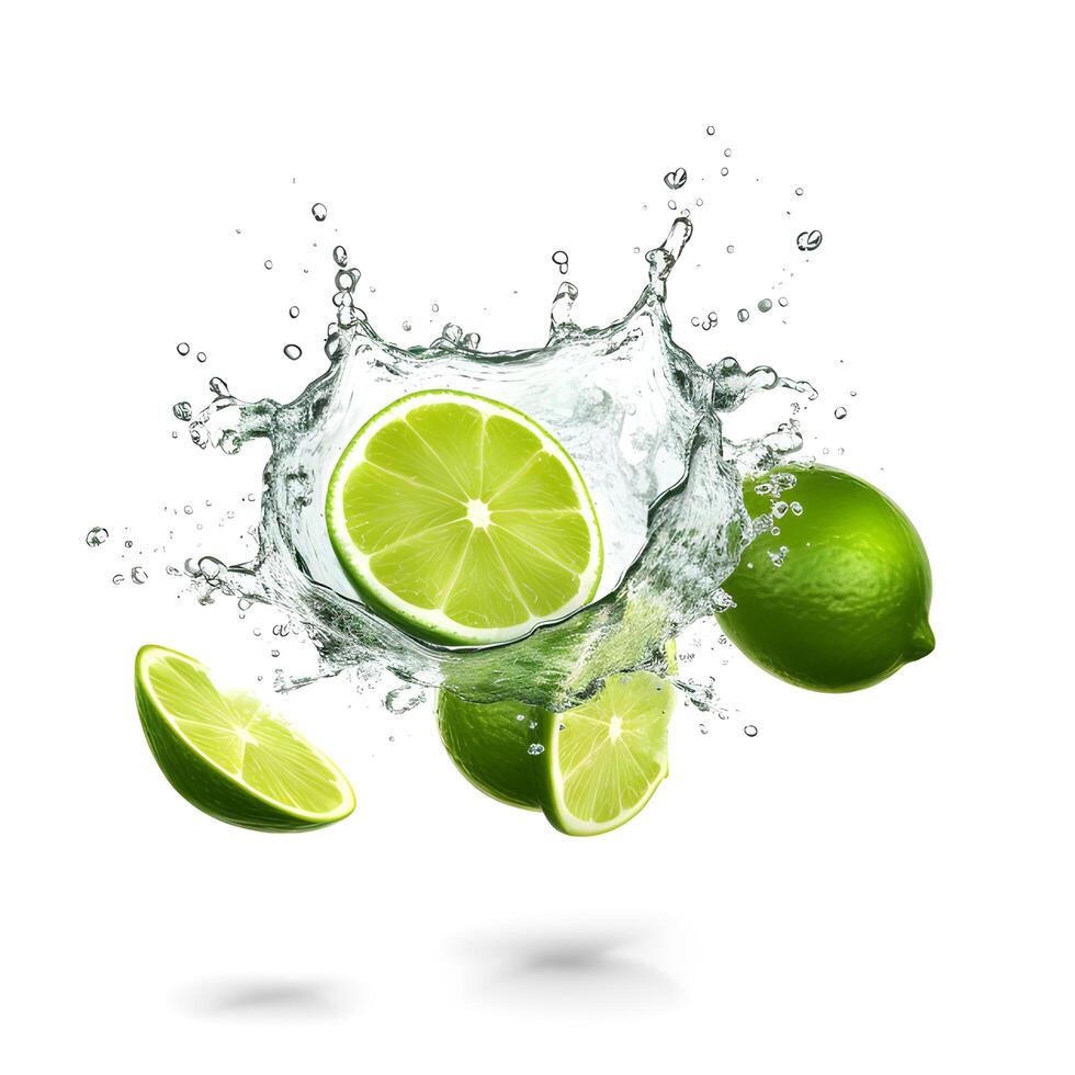 Ripe limes splashing water on white background. photo