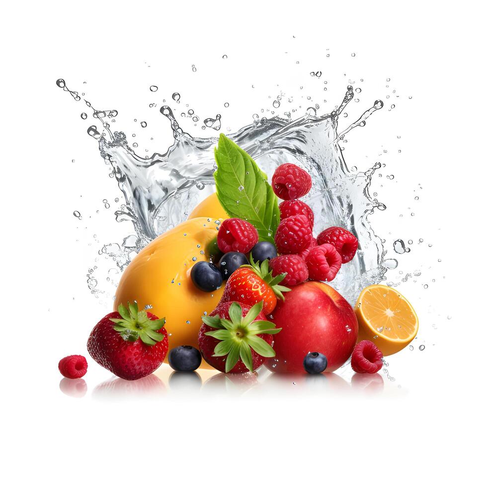 Fruit mix in water splash on white background. Generative AI 26263895
