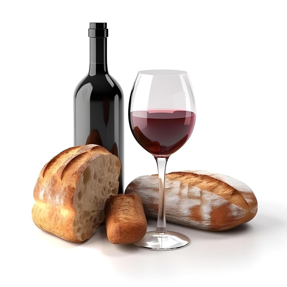 Cup of wine with grapes and bread on white. photo
