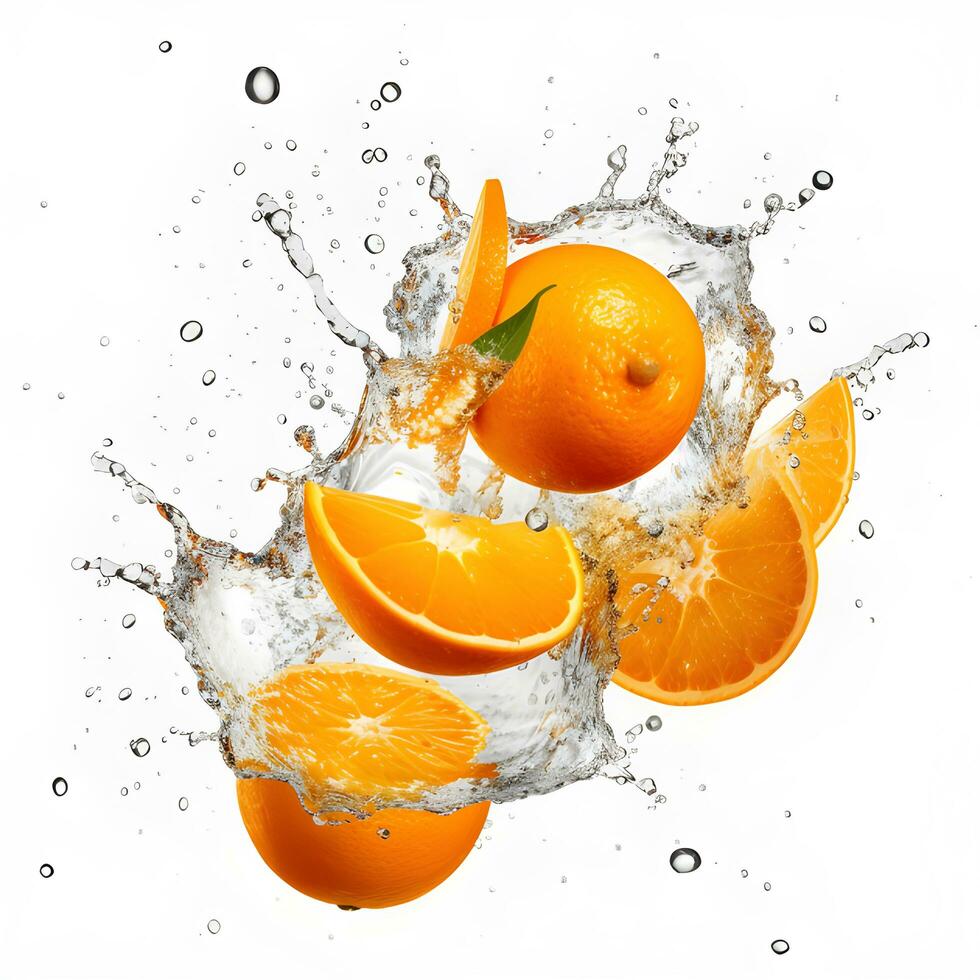 Orange with water splash on white background. Generative AI photo