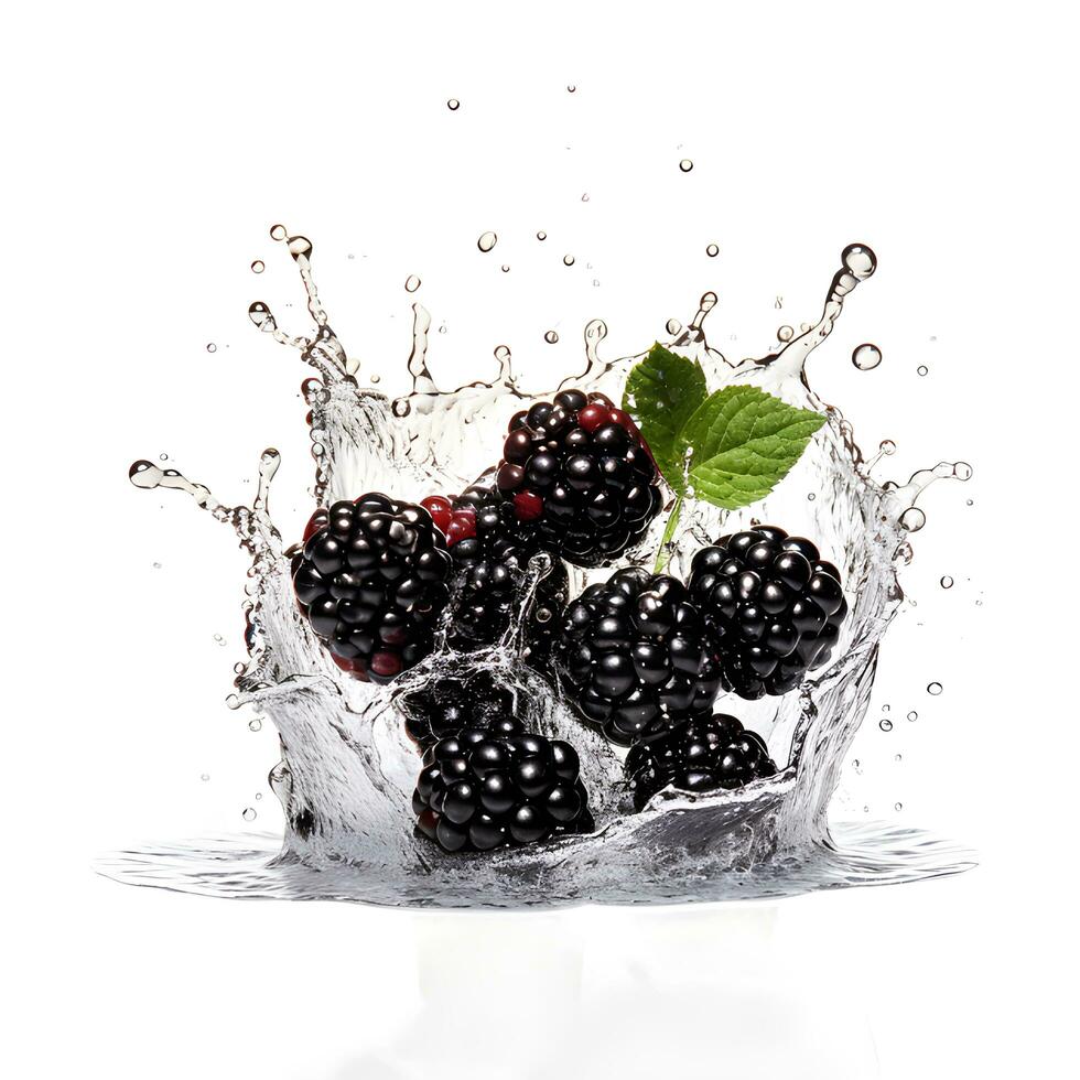 Fresh Blackberry in Vibrant Water Splash - Juicy Burst of Fruity Refreshment on White photo