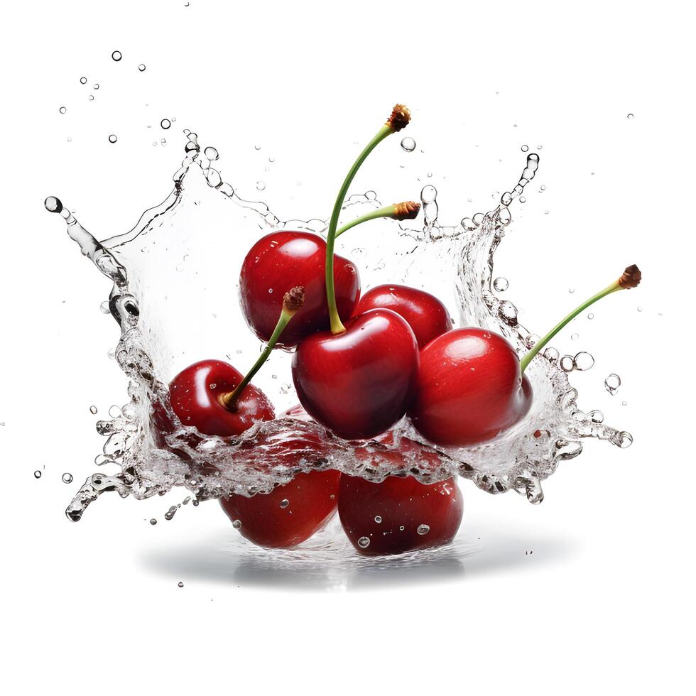 Fresh cherry in water splash on white background. Generative AI photo