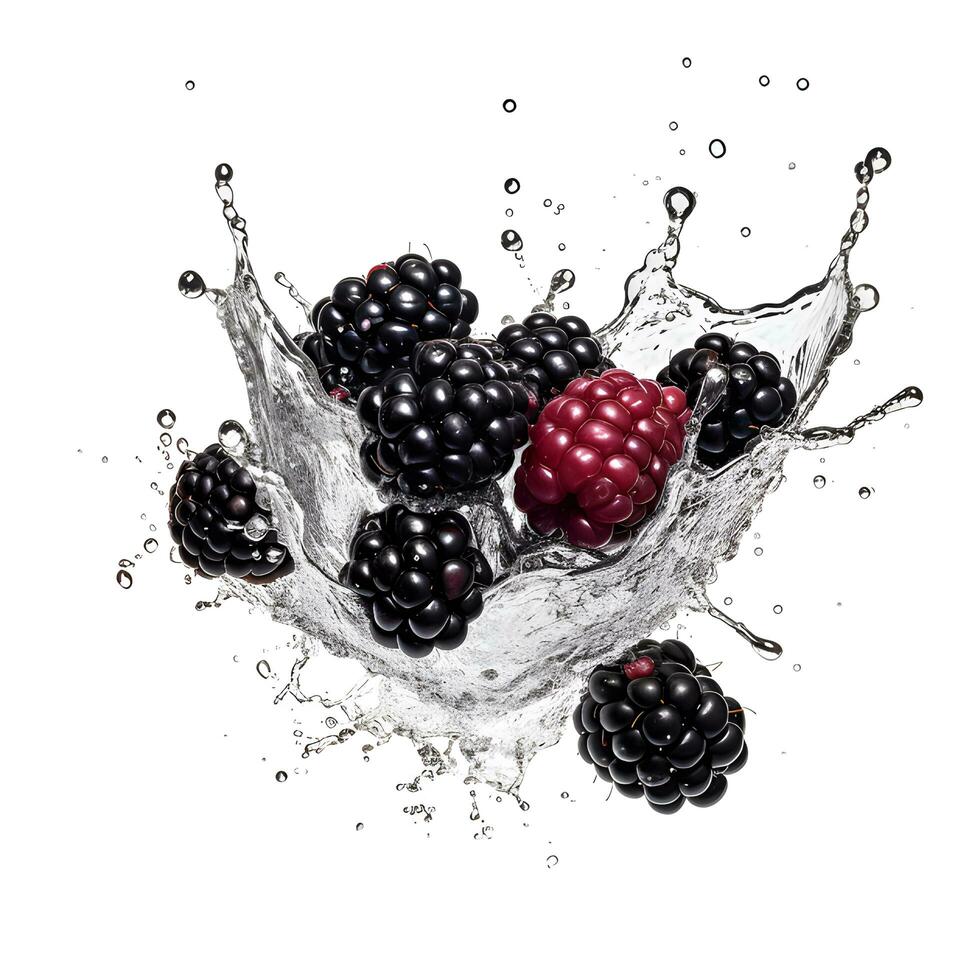 Fresh Blackberry in Vibrant Water Splash - Juicy Burst of Fruity Refreshment on White photo