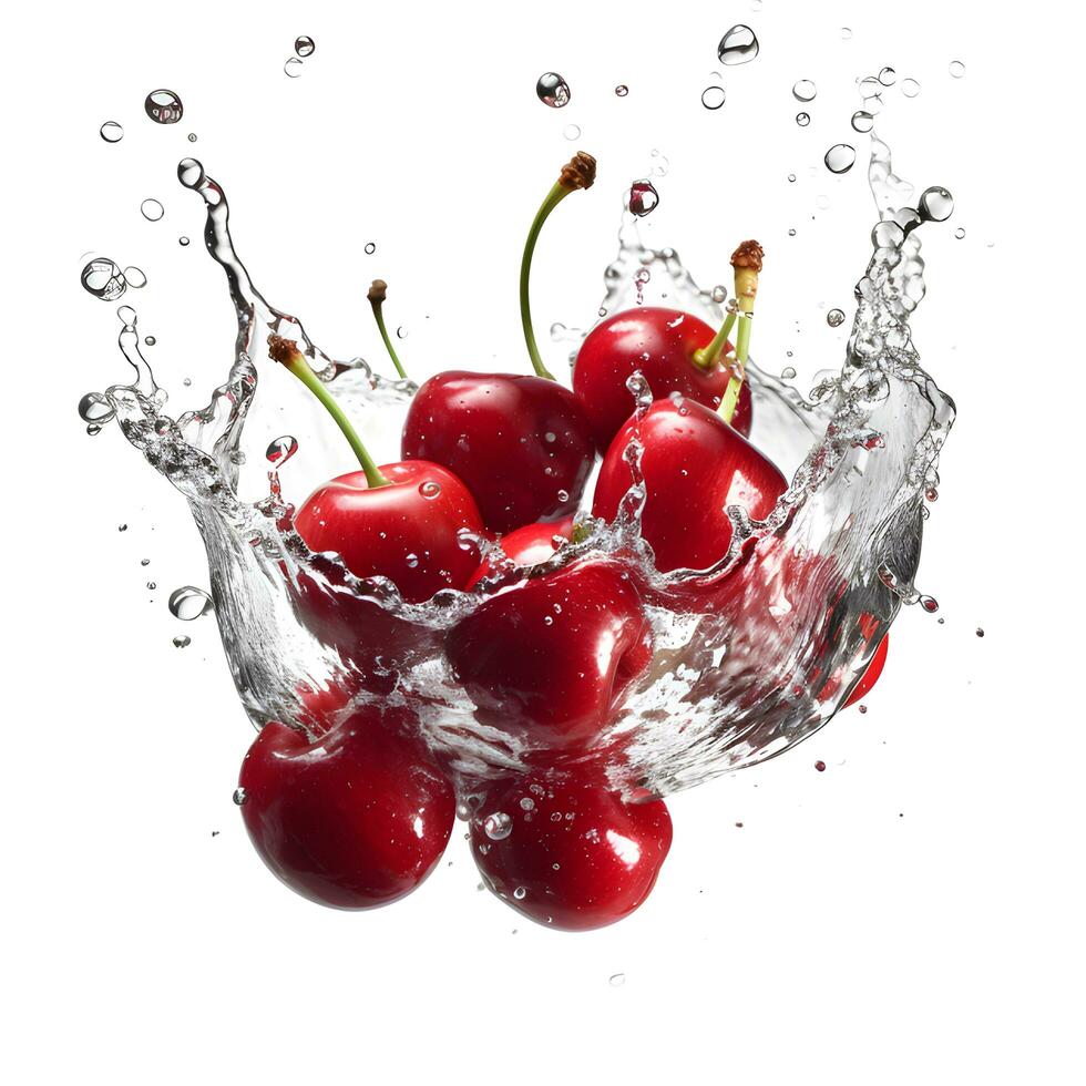 Fresh cherry in water splash on white background. Generative AI photo