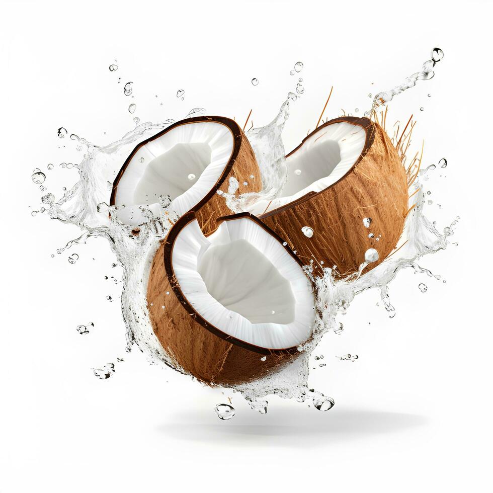 Fresh coconut in water splash on white background. Generative AI photo