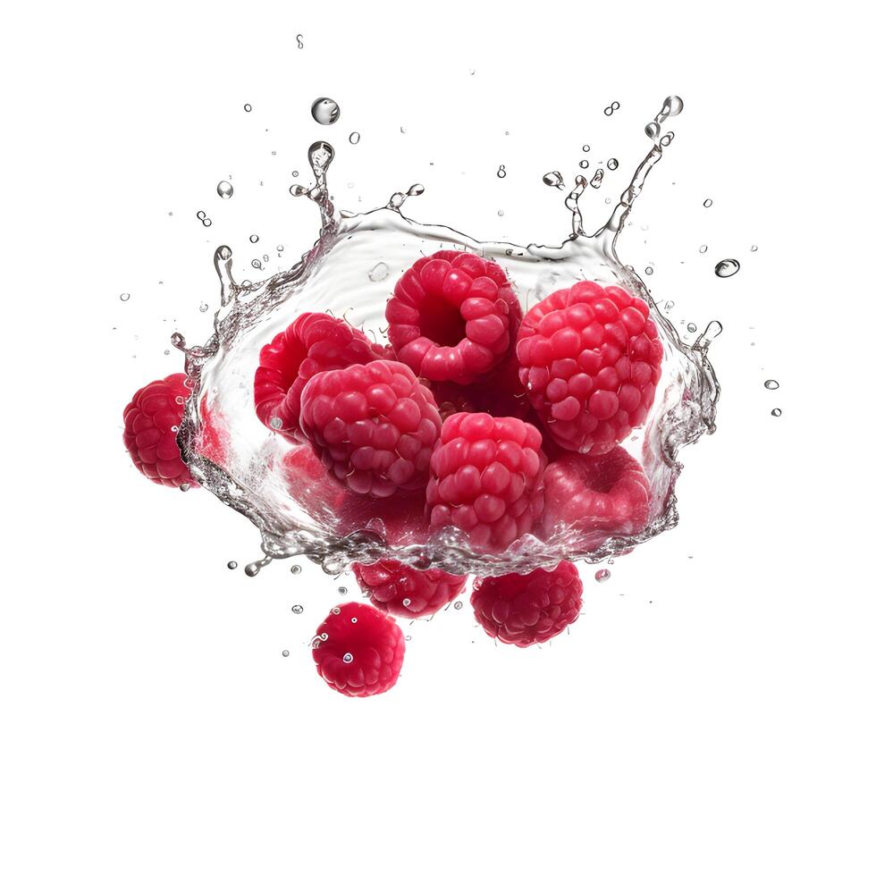 Raspberry in water splash on white background. photo