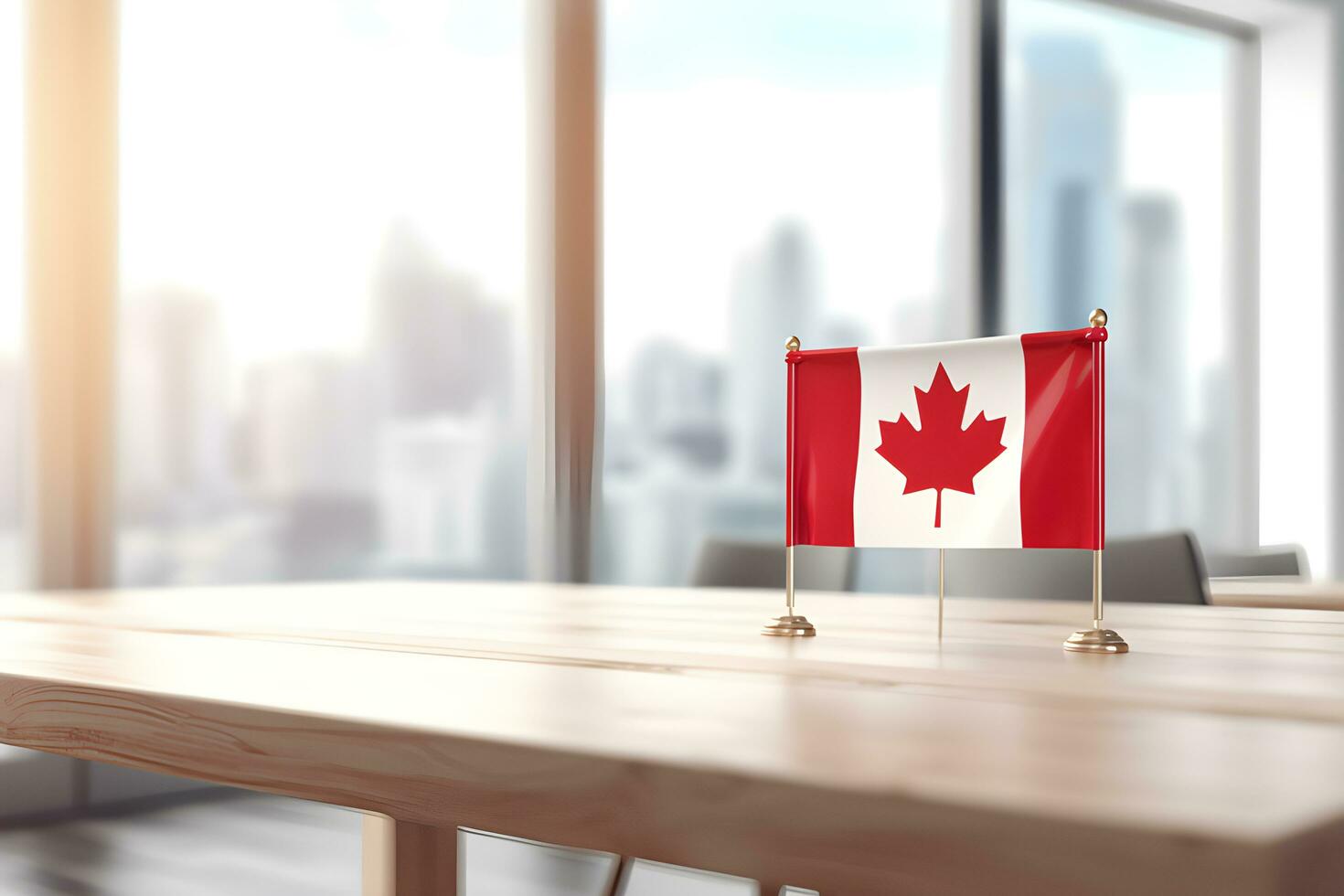 Happy Canada Day concept. Canada flag background with wood table. photo