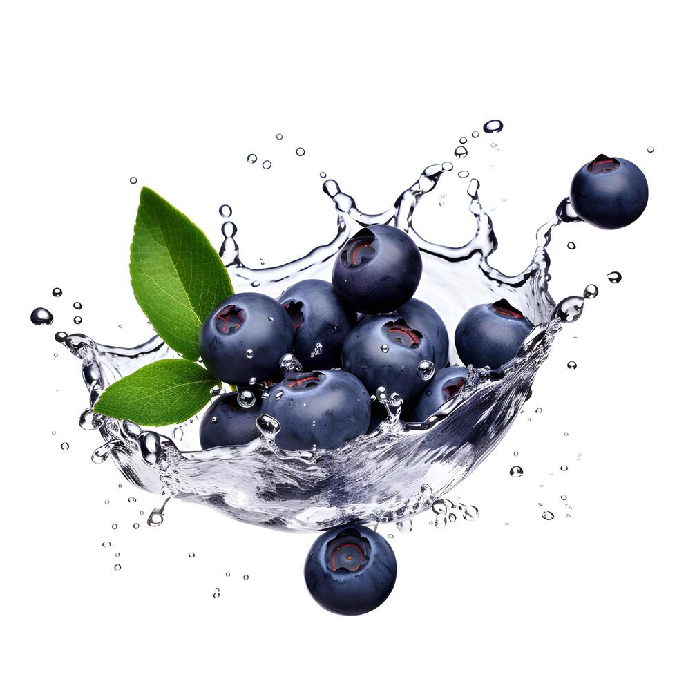 Blueberries with splash isolated on white. Generative AI photo