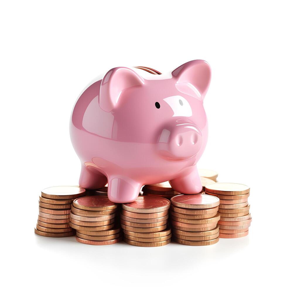 Piggy bank and coin stack on white background. photo