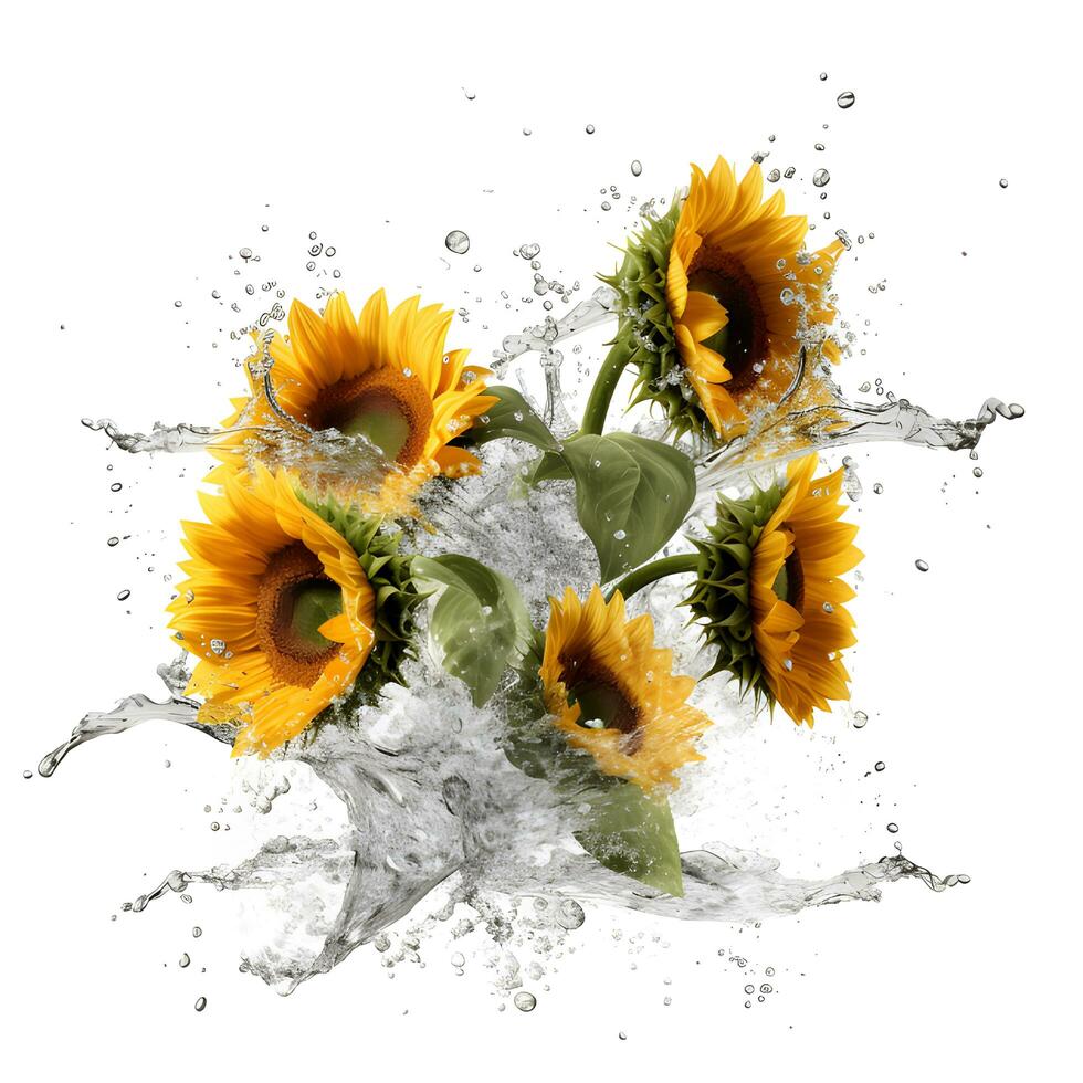 girasol chapoteo en agua chapoteo en blanco antecedentes. generativo ai foto