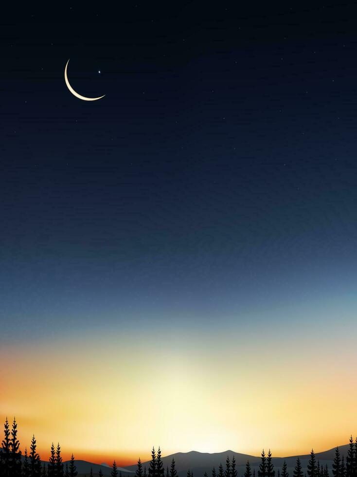 fondo de diseño de tarjeta de saludo islámico ramadan kareem con luna creciente sobre fondo de cielo de puesta de sol colorido, religiones vectoriales simbólicas de musulmanes para ramadan kareem, eid mubarak, eid al adha.eid al fitr vector