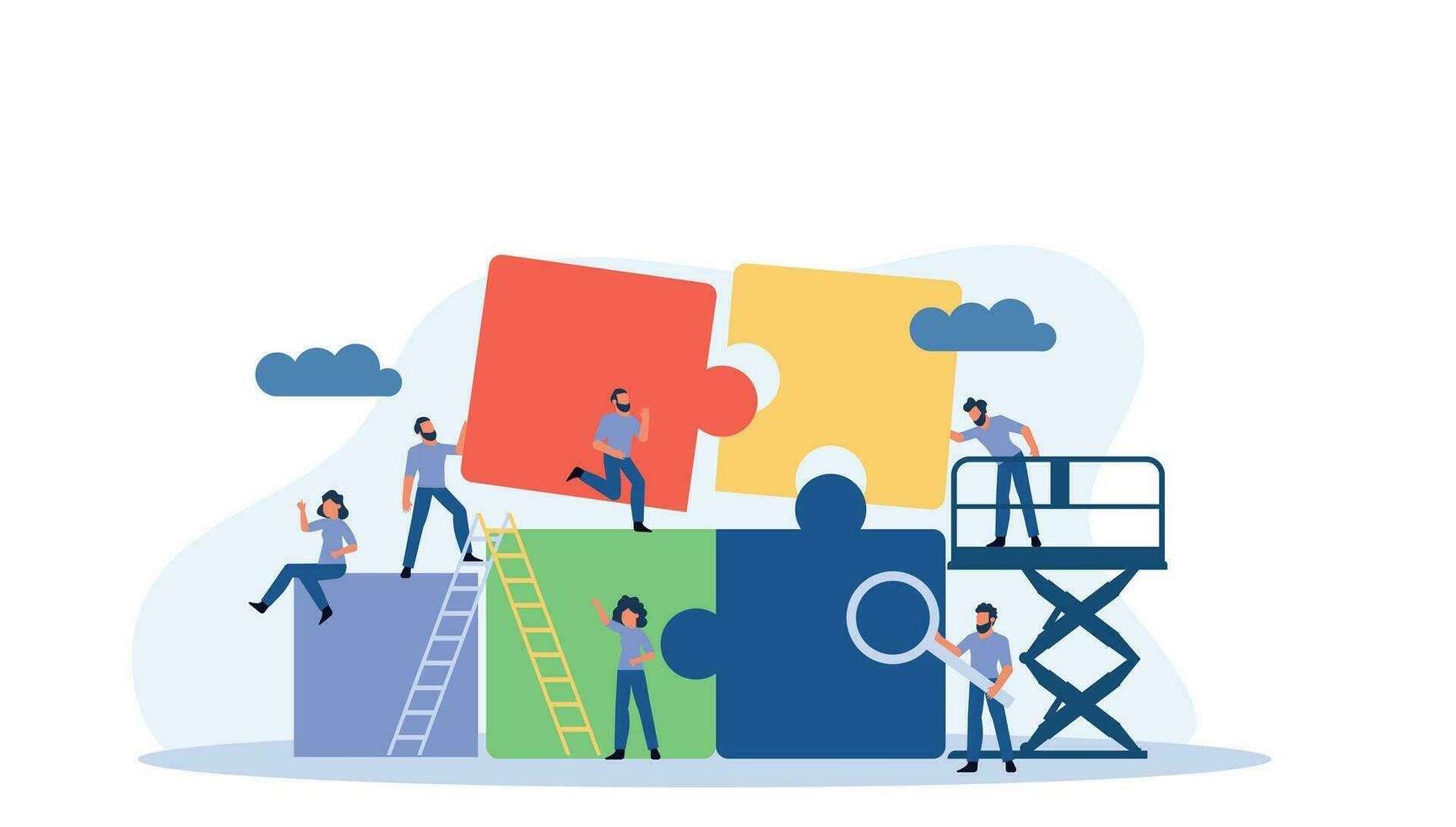 Puzzle teamwork man and woman business partnership communication. People work with books vector concept illustration. Together create piece jigsaw solution. Cooperation office human idea. Planning job