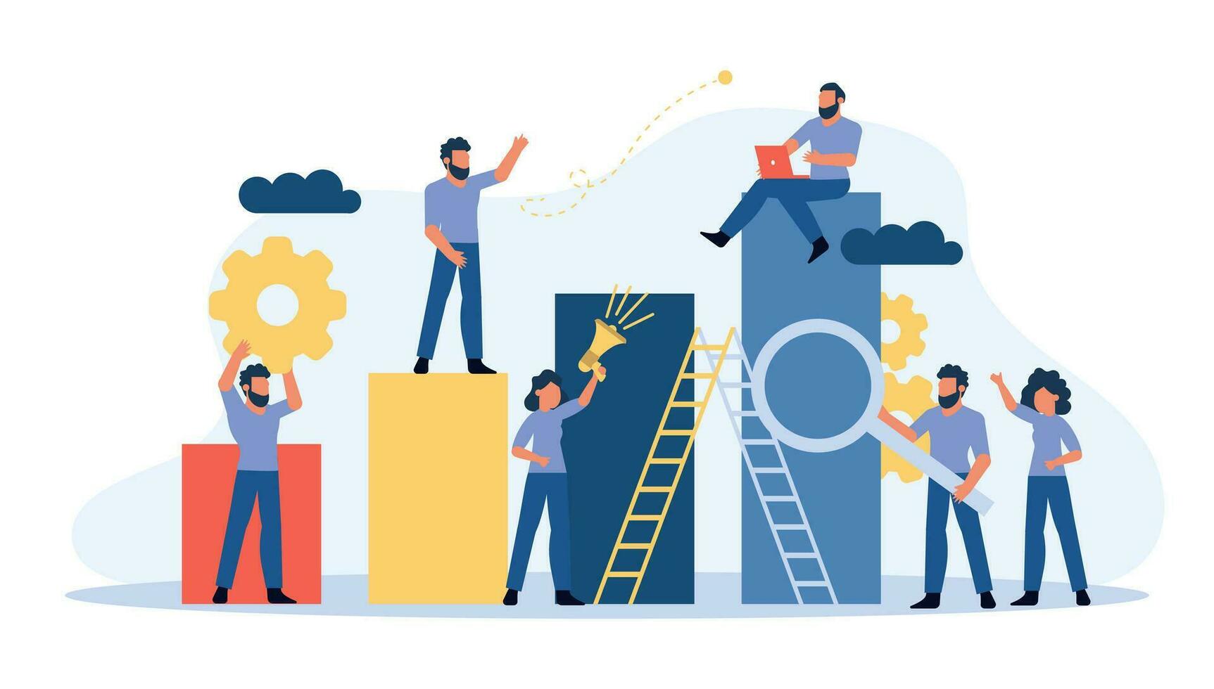 Analytic partnership vector illustration background with man and woman. Development bar chart concept company. Teamwork management cooperation strategy office banner work. Data solution character job