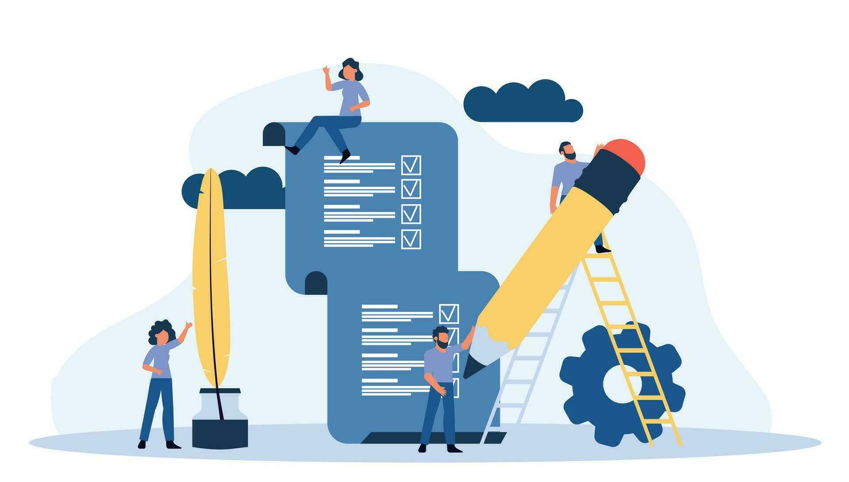 Financial community man and woman idea business concept with pencil and light bulb vector illustration. Flat character team partnership company assistance support. Success work banner solution office