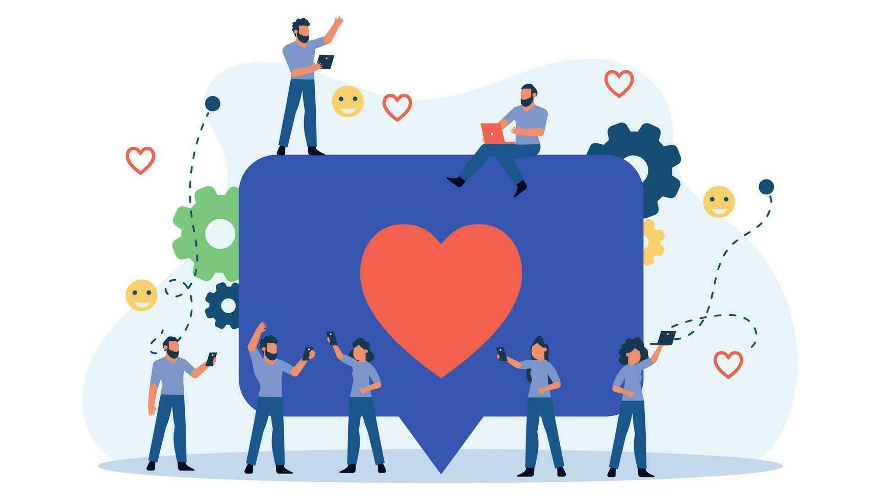 Social media like business feedback message vector. Networking internet people man and woman illustration. Concept follow heart love character repost marketing. User customer group background vector