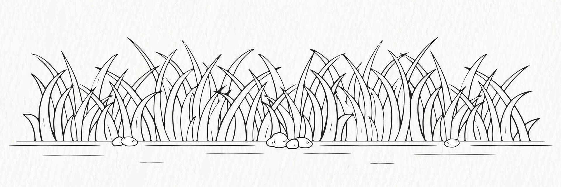 Grass with flower and stone line drawing clipart vector