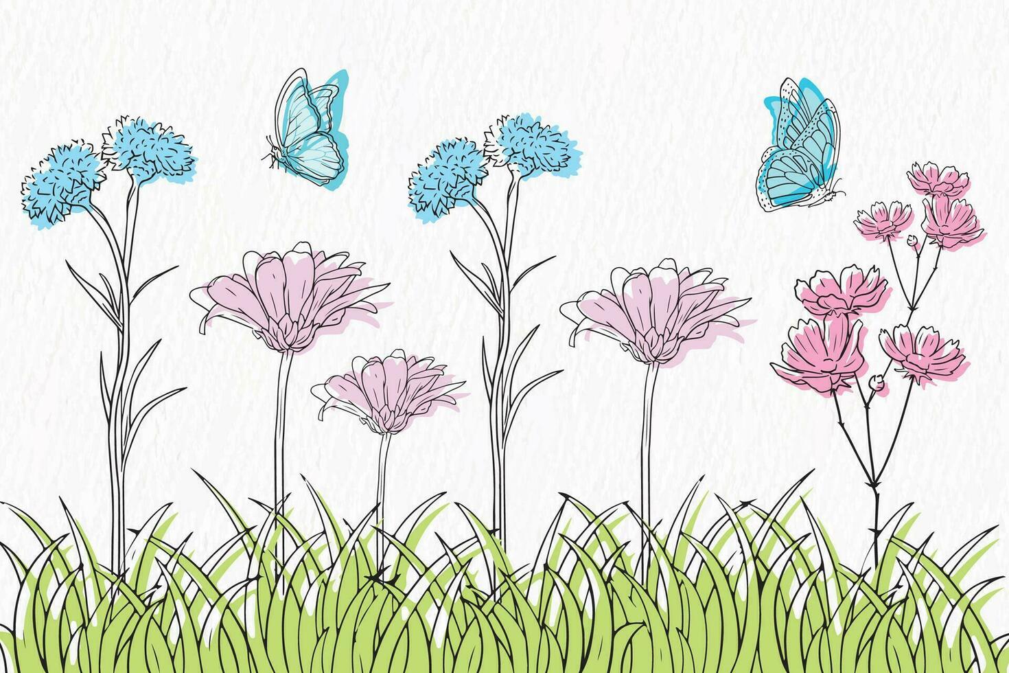 jardín con flores, césped y mariposa línea dibujo clipart vector