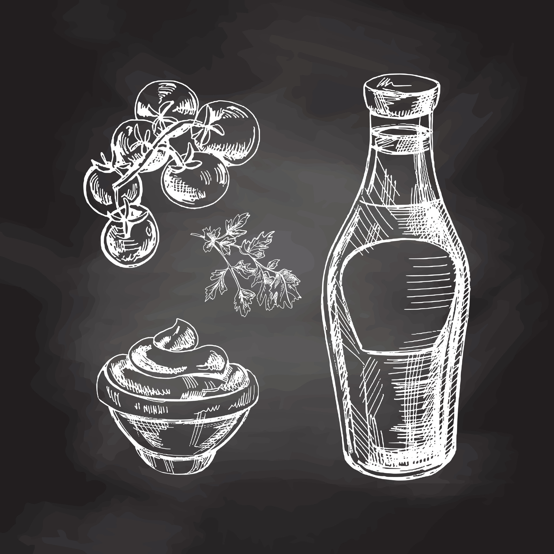 A set of handdrawn sketches of ketchup or sauce in a glass jar and in