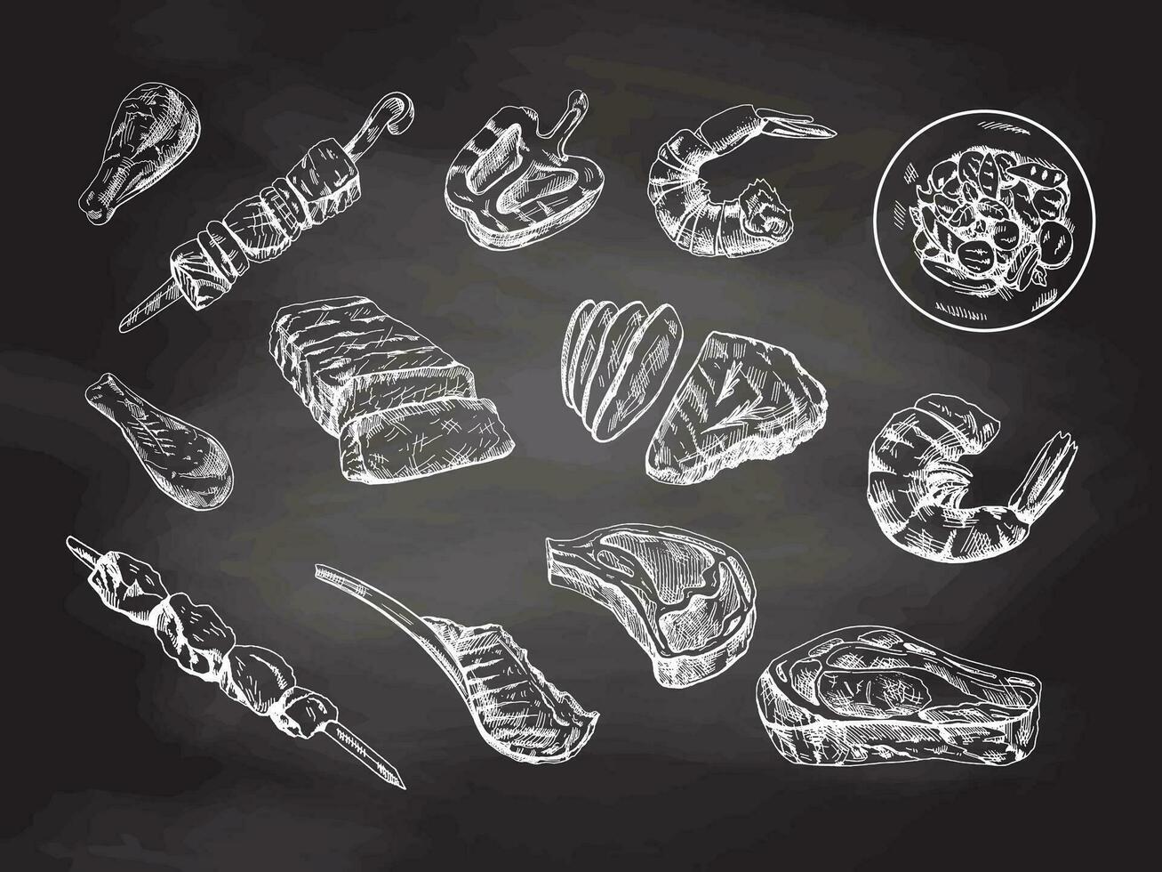 A set of hand-drawn sketches of different types of meat, steaks, shrimp, chicken, grilled vegetables, barbecue on chalkboard background. vector