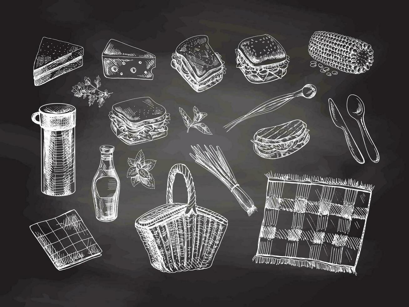 A set of hand-drawn sketches of barbecue and picnic elements on chalkboard background.  Doodle vintage illustration. Engraved image. vector