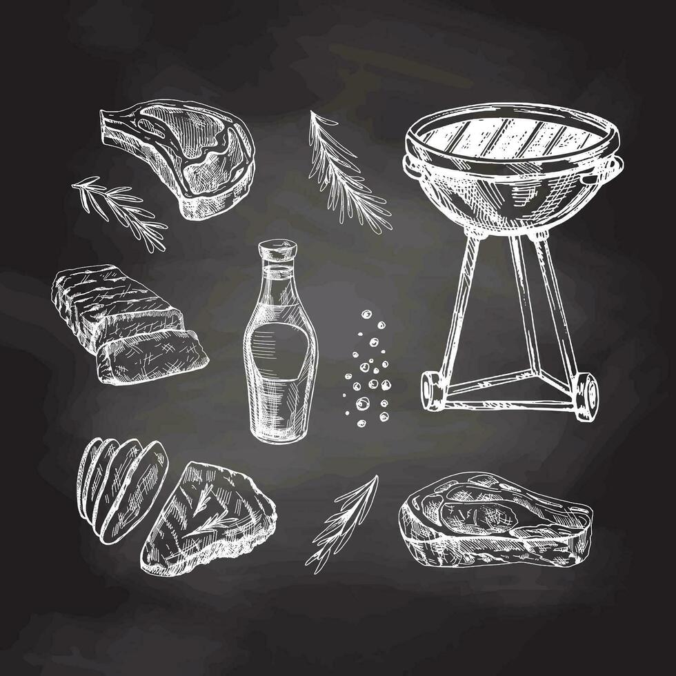 A set of hand-drawn sketches of barbecue elements on chalkboard background. For the design of the menu of restaurants and cafes, grilled food. vector