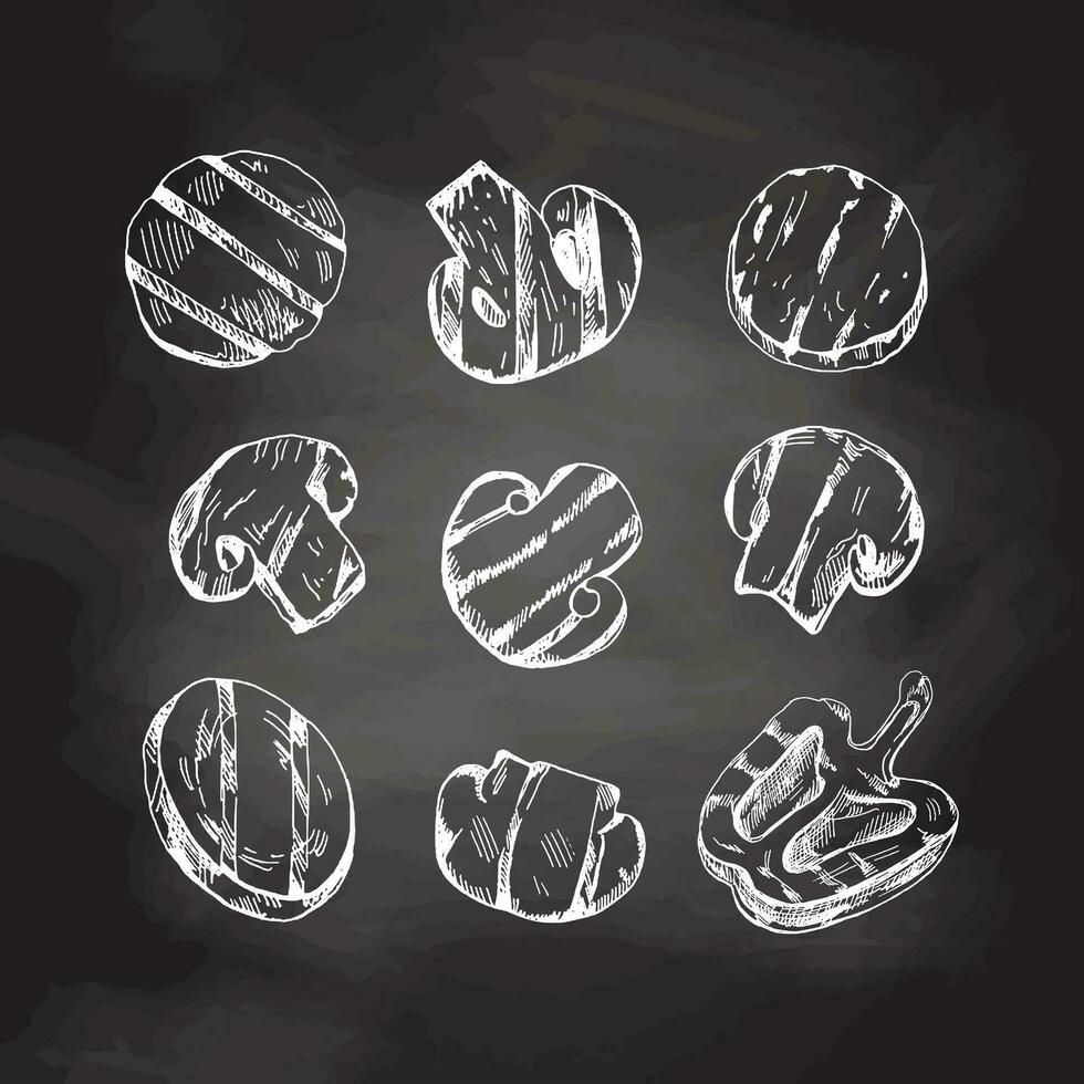 A set of hand-drawn sketches of champignons, grilled zucchini and  bell peppers on chalkboard background. For the design of the menu of restaurants and cafes, steaks. vector