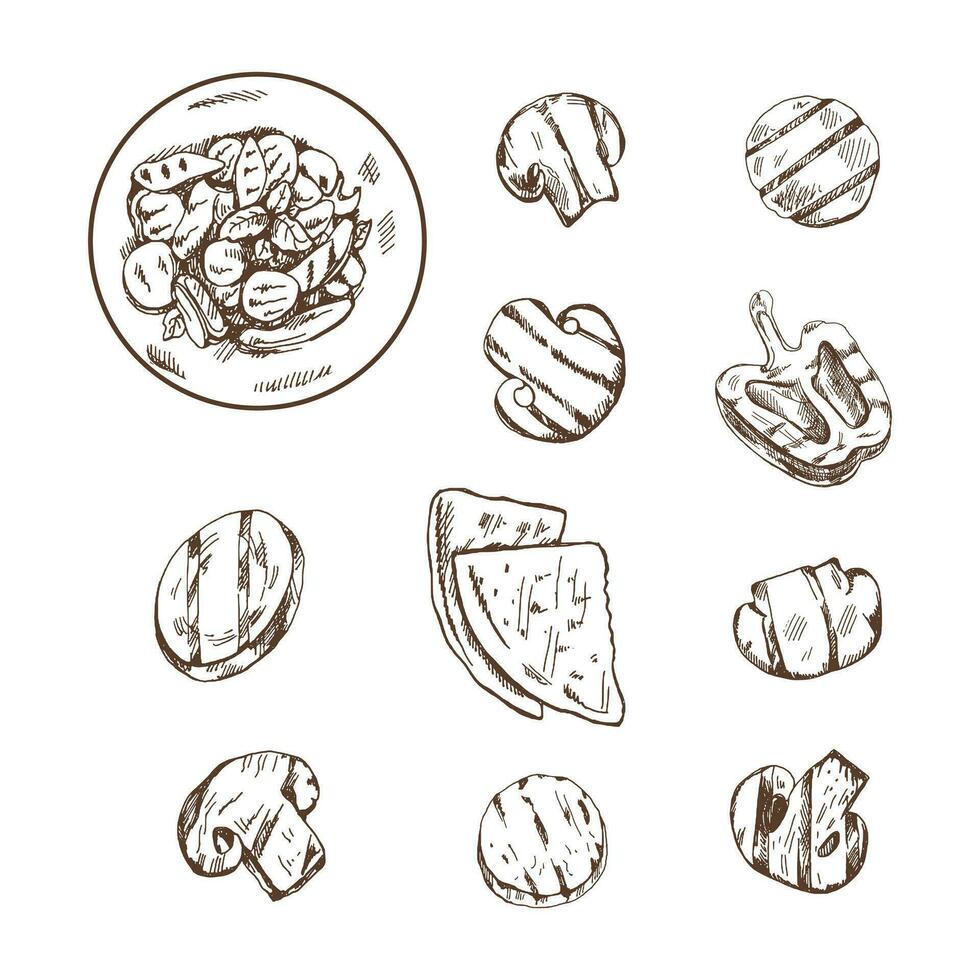 un conjunto de dibujado a mano bocetos de champiñones, A la parrilla vegetales y un pan. para el diseño de el menú de restaurantes y cafés, bistecs Clásico garabatear ilustración. el grabado imagen. vector