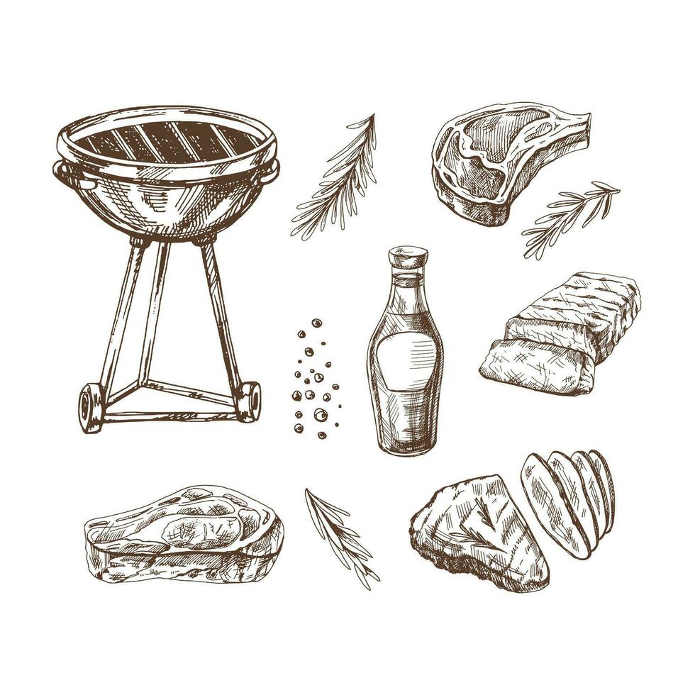 A set of hand-drawn sketches of barbecue elements. For the design of the menu of restaurants and cafes, grilled food. Doodle vintage illustration. Engraved image. vector