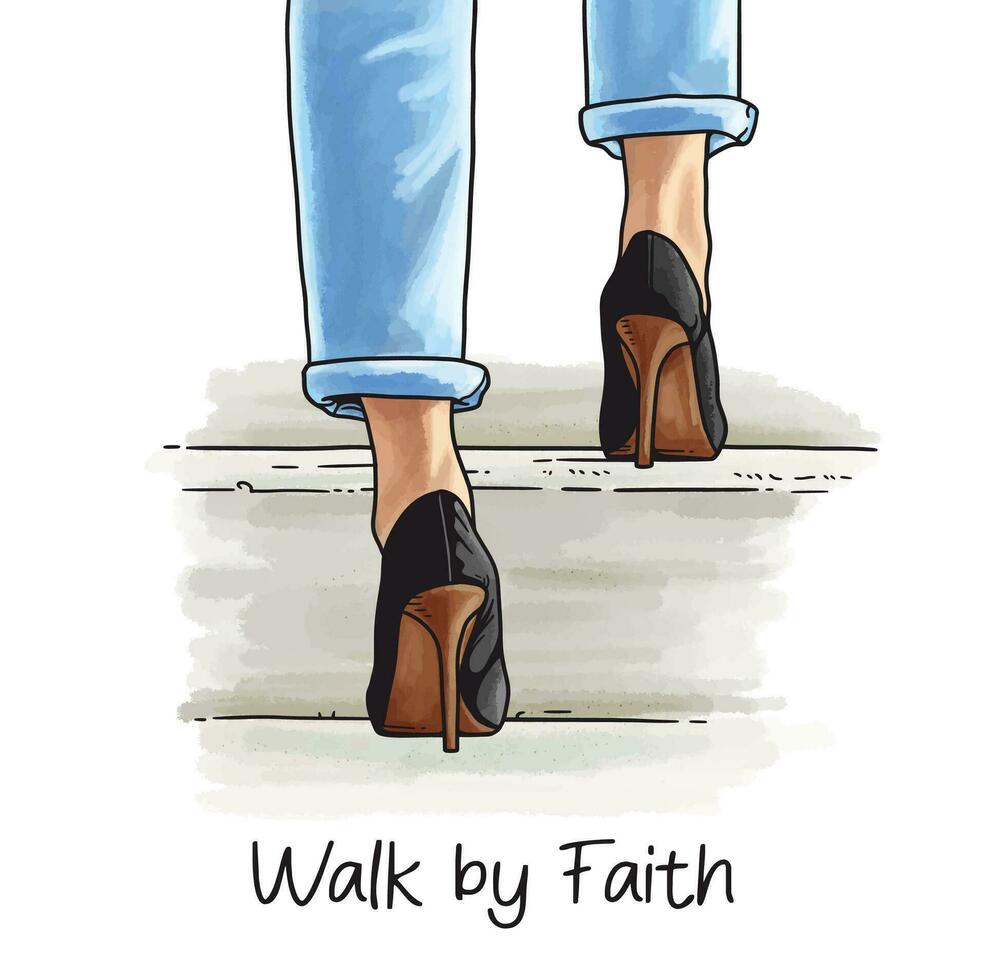 caminar por fe motivacional cita, con mujer caminando arriba el escalera en alto tacones vector