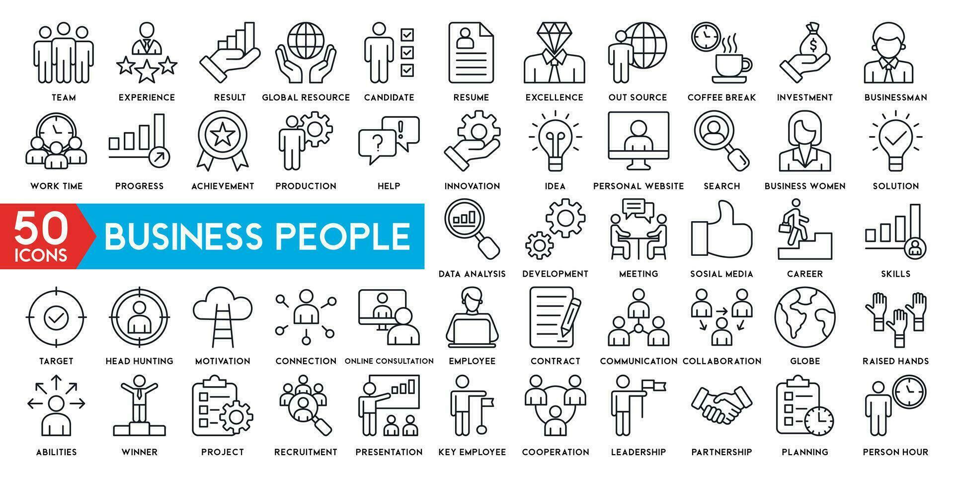 Business people line icons set. Businessman outline icons collection. Teamwork, human resources, meeting, partnership, meeting, work group, success, resume vector