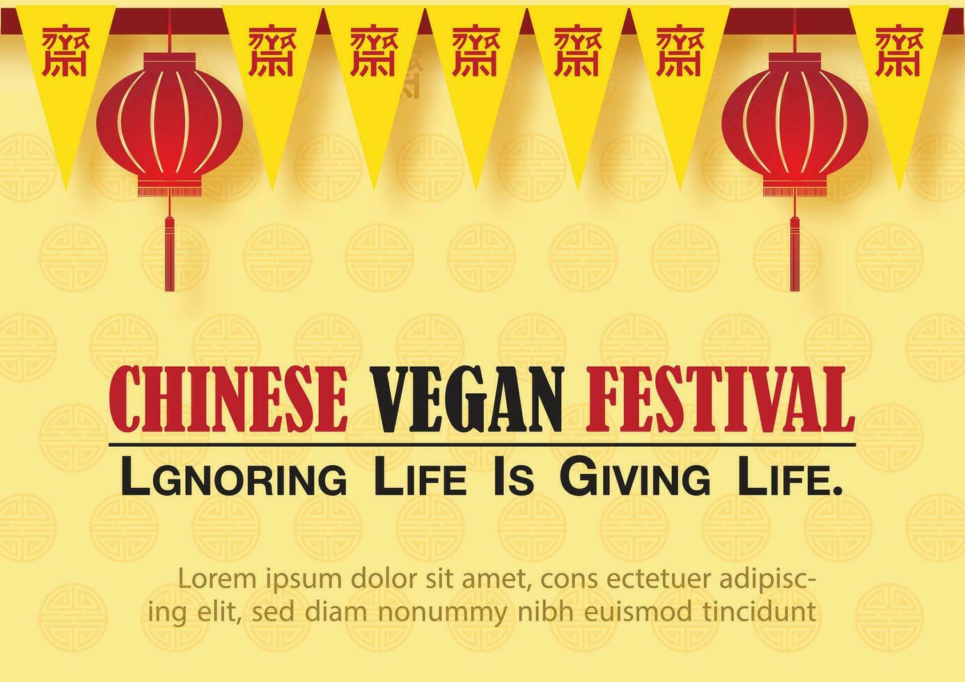 Chinese vegan festival card and poster advertising in vector design. Red Chinese letters read is J and meaning is  Preserving purity both body and mind for worship Buddha in English.