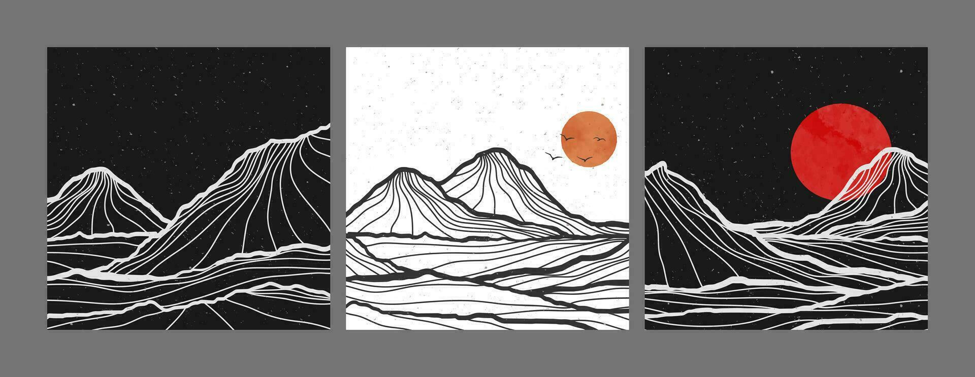 conjunto de montaña paisaje ilustración. mano dibujado estilo de creativo minimalista moderno línea Arte impresión. resumen contemporáneo estético antecedentes paisaje. con montañas, sierras, luz de la luna vector