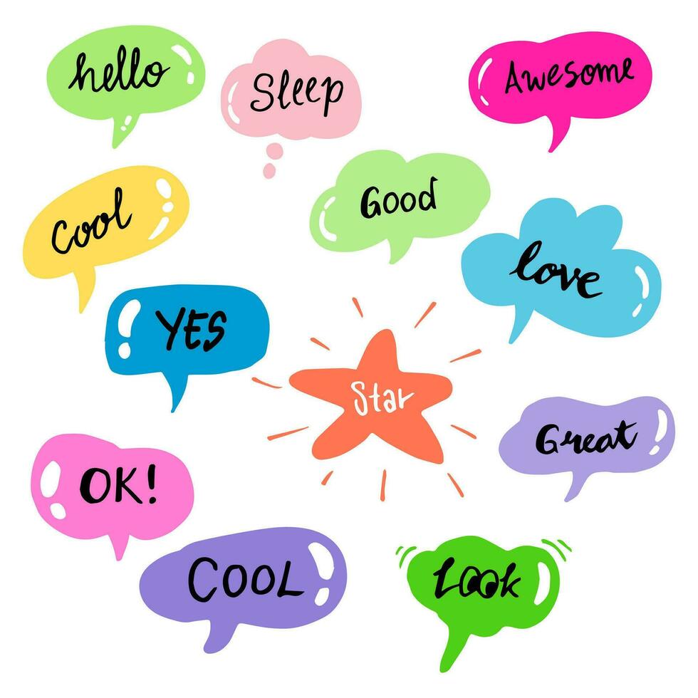 Hand drawn set of Colorful speech bubbles with dialog words. isolated on white background. doodle vector illustration