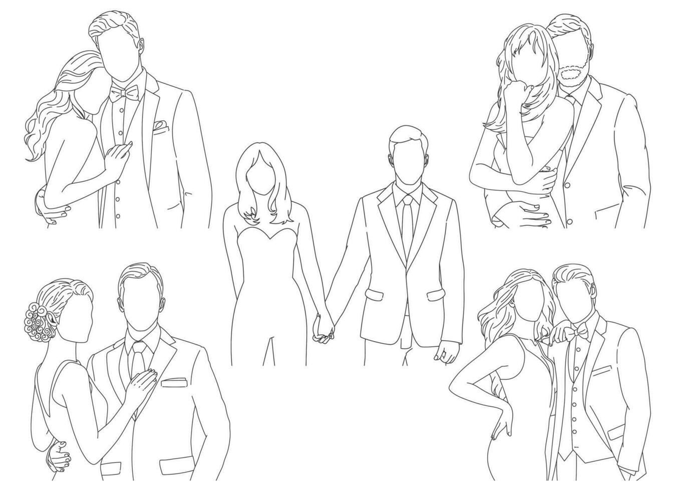 detailed line art bundle of various poses of lovers vector
