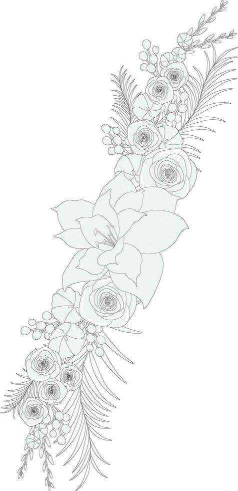 Black and white flowers, buds and leaves composition vector illustration