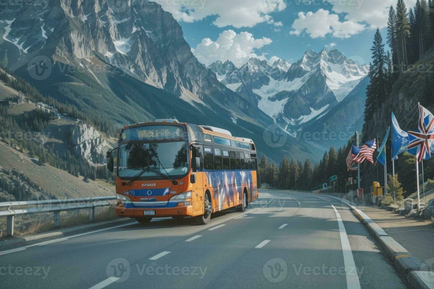 A Road Trip Yellow Bus Stopped on the Road photo