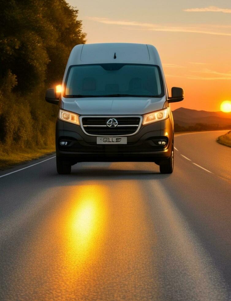 A van driving down a road with the sun setting behind it photo