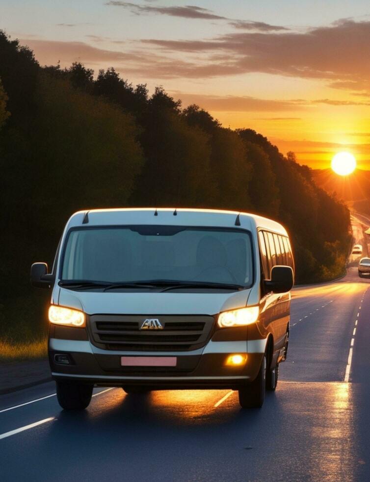 A van driving down a road with the sun setting behind it photo