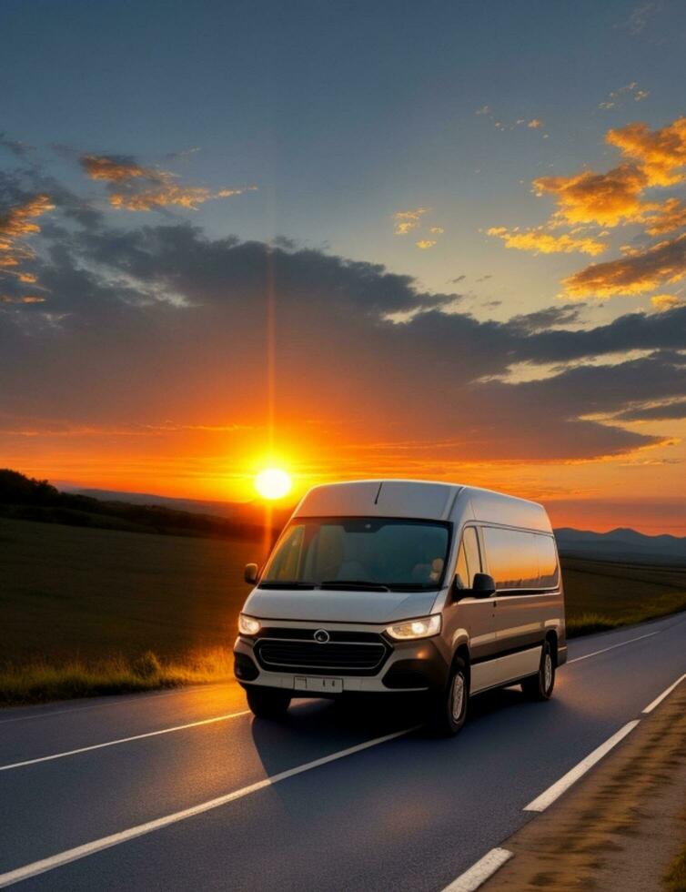 A van driving down a road with the sun setting behind it photo