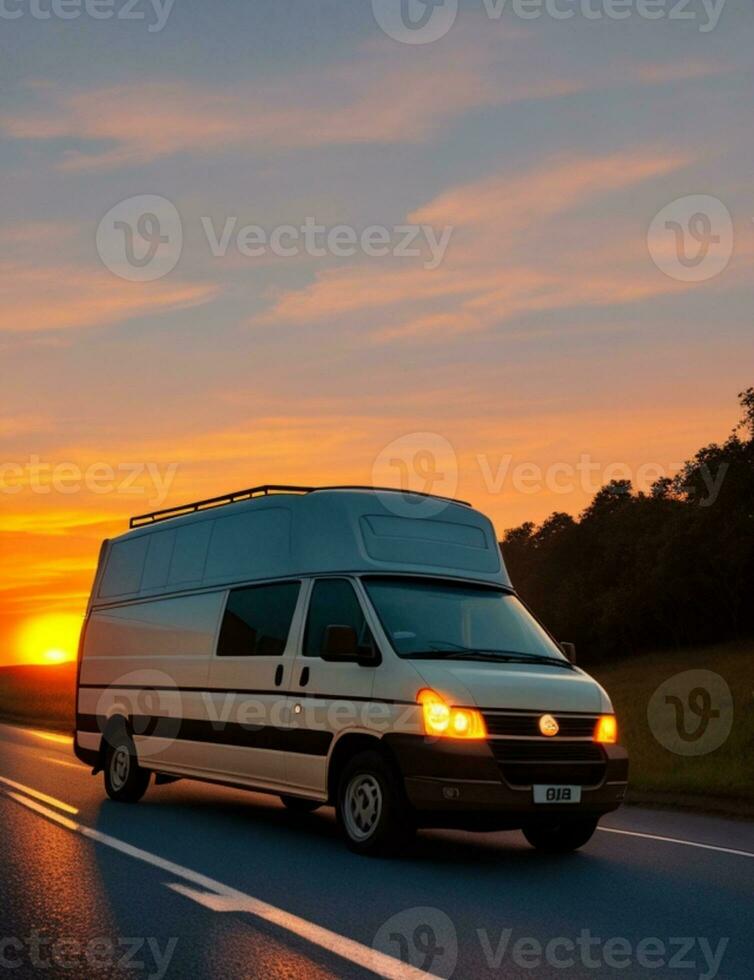 A van driving down a road with the sun setting behind it photo