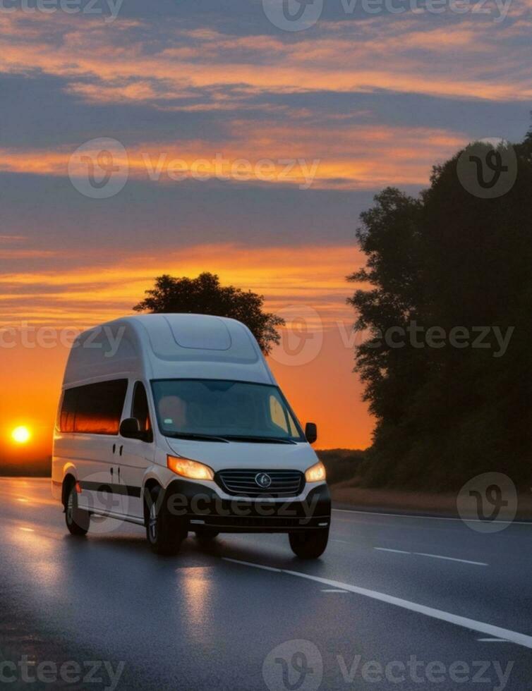 A van driving down a road with the sun setting behind it photo