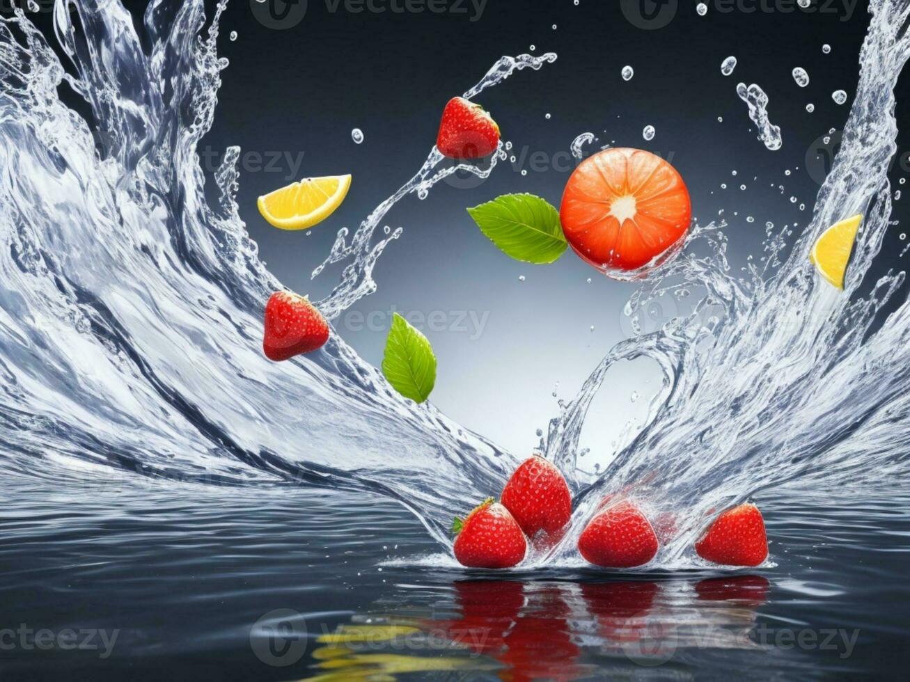 Photo blender with summer fruits flying isolated on black background water splash