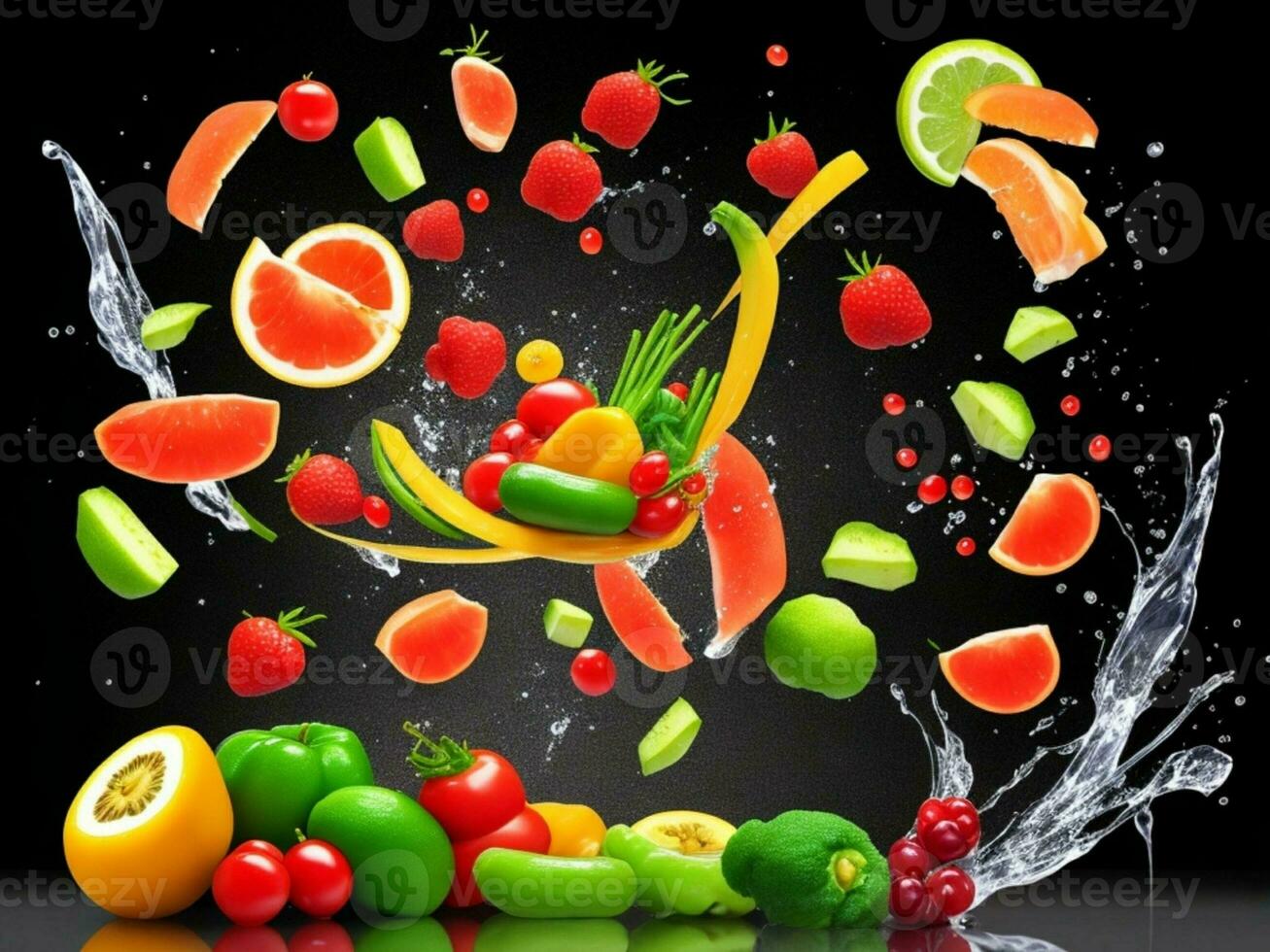 Photo blender with vegetables flying isolated on black background water splash