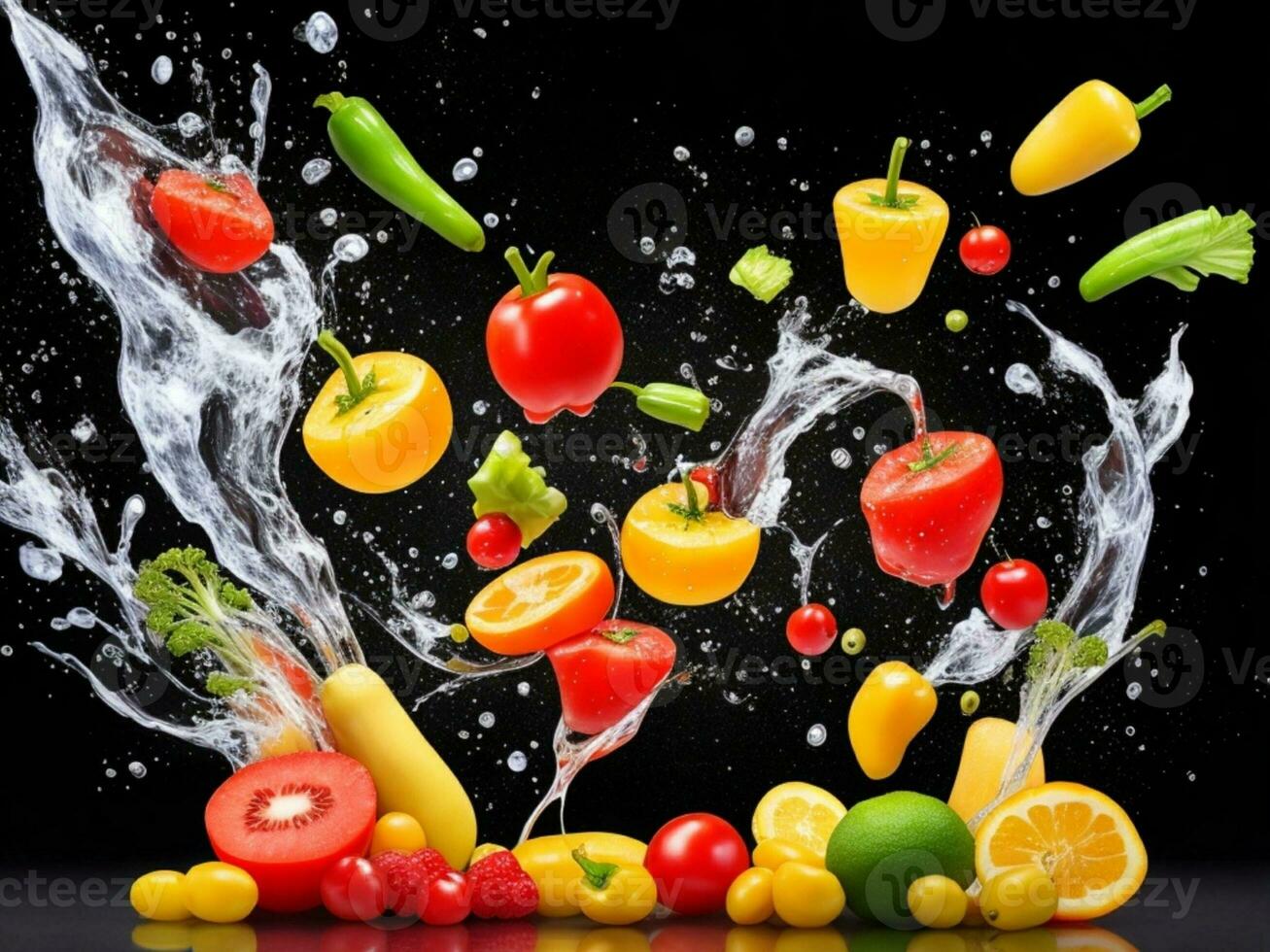 Photo blender with vegetables flying isolated on black background water splash