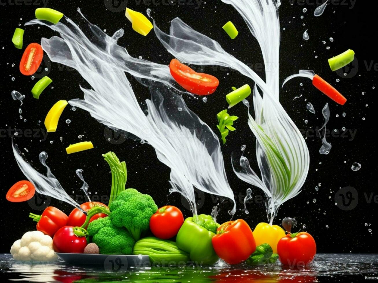 Photo blender with vegetables flying isolated on black background water splash