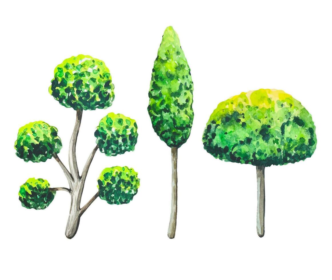 Collection of green trees, watercolor vector