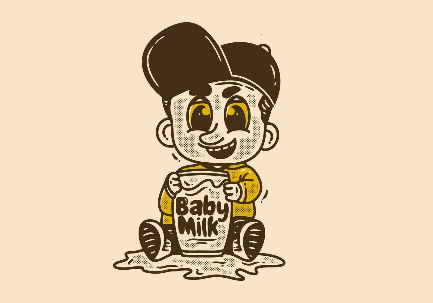 vintage drawing of baby character holding a glass of milk vector